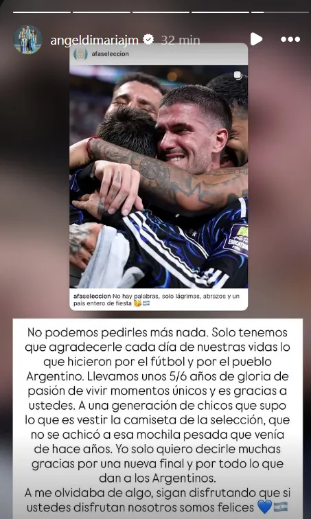 El posteo de Ángel Di María en Instagram.