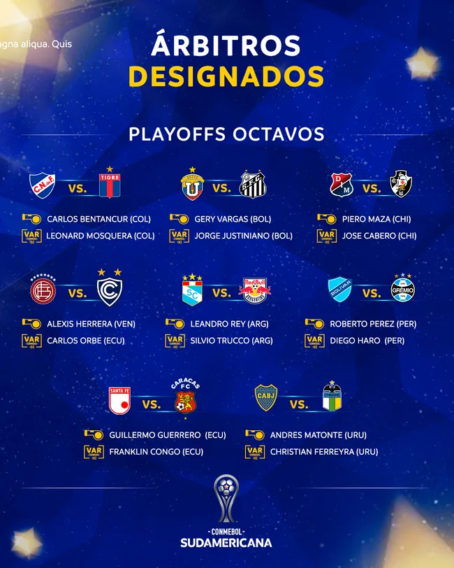 Designación arbitral completa para los playoffs de Sudamericana (Conmebol)