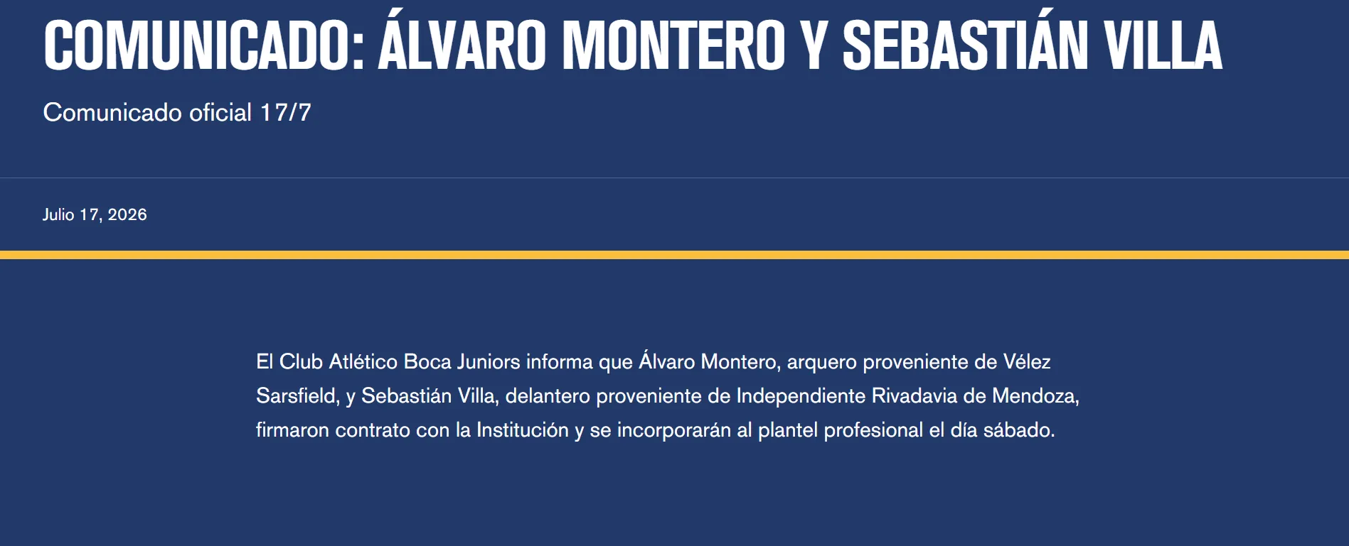 Comunicado de Boca sobre Álvaro Montero y Sebastián Villa.
