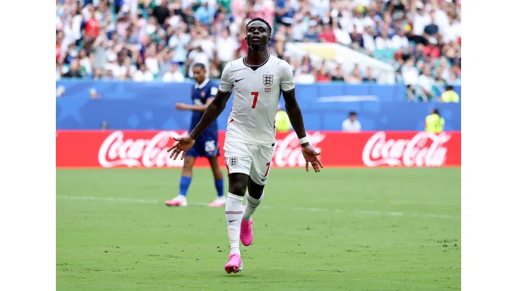 MIAMI GARDENS, FLORIDA - JULY 18: Bukayo Saka #7 of England celebrates scoring his team's fourth goal during the FIFA World Cup 2026 Bronze Final between France and England at Miami Stadium on July 18, 2026 in Miami Gardens, Florida. (Photo by Buda Mendes/Getty Images)