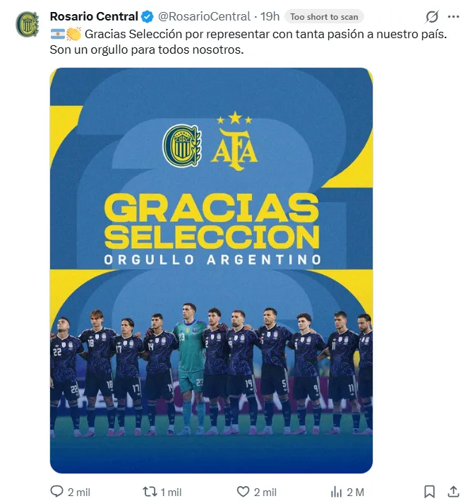 El posteo de Rosario Central que despertó la polémica.