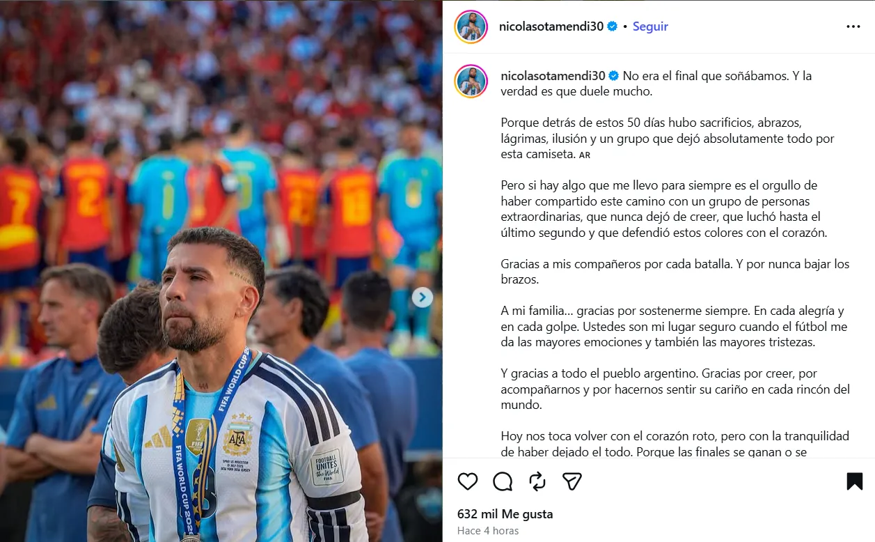 El posteo de Nicolás Otamendi en Instagram.