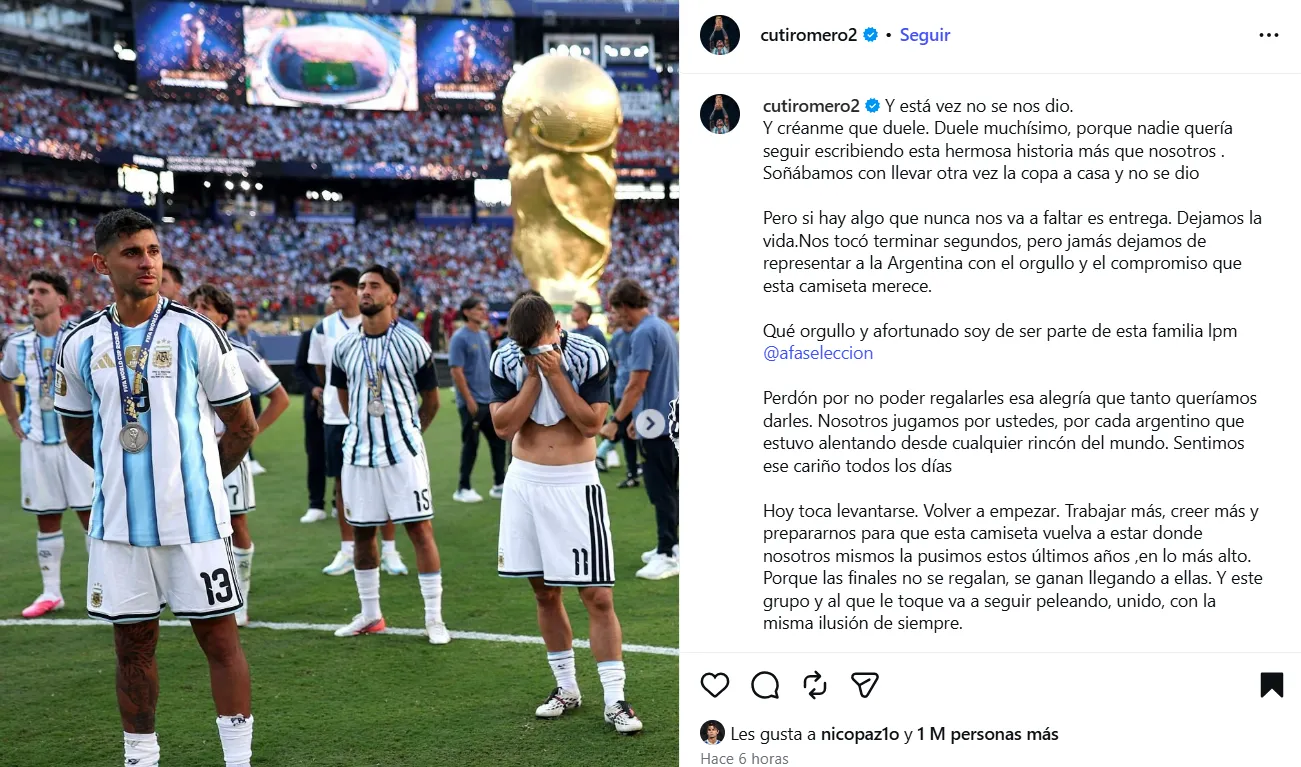 La publicación de Cristian Romero en Instagram tras la Final del Mundial 2026.