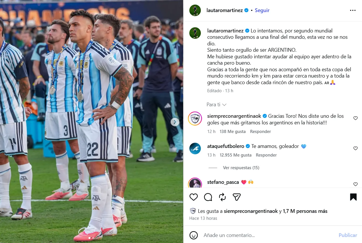La publicación de Lautaro Martínez tras la derrota de Argentina en la Final del Mundial 2026.