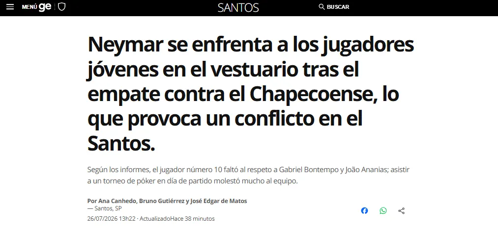 El medio Globo señala una disputa de vestuario en Santos.