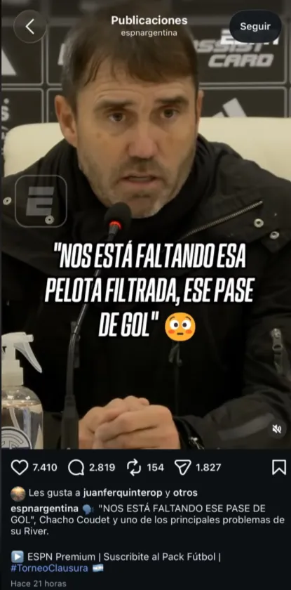 El like de Juan Fernando Quintero a la declaración de Eduardo Coudet.