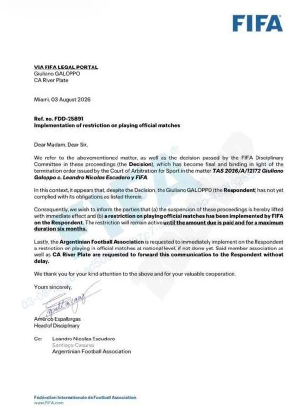 El comunicado de FIFA por Giuliano Galoppo.