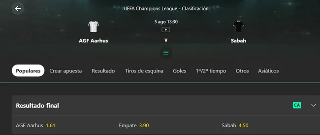 Captura realizada desde la web de bet365