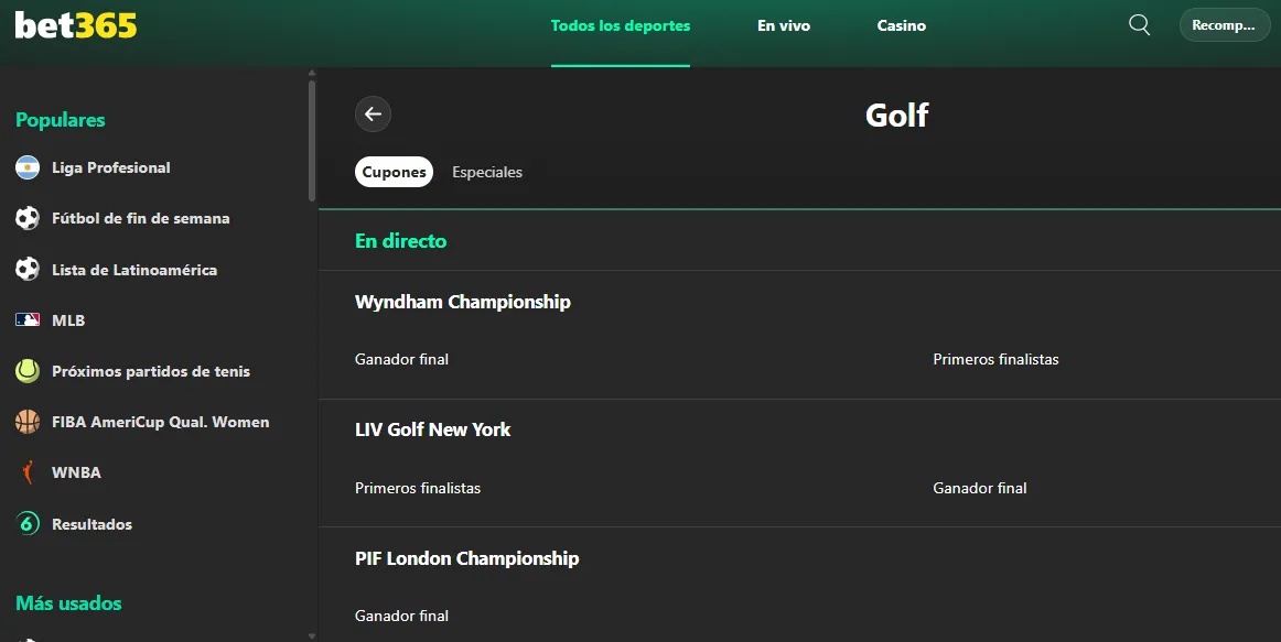 Apuestas de golf en bet365