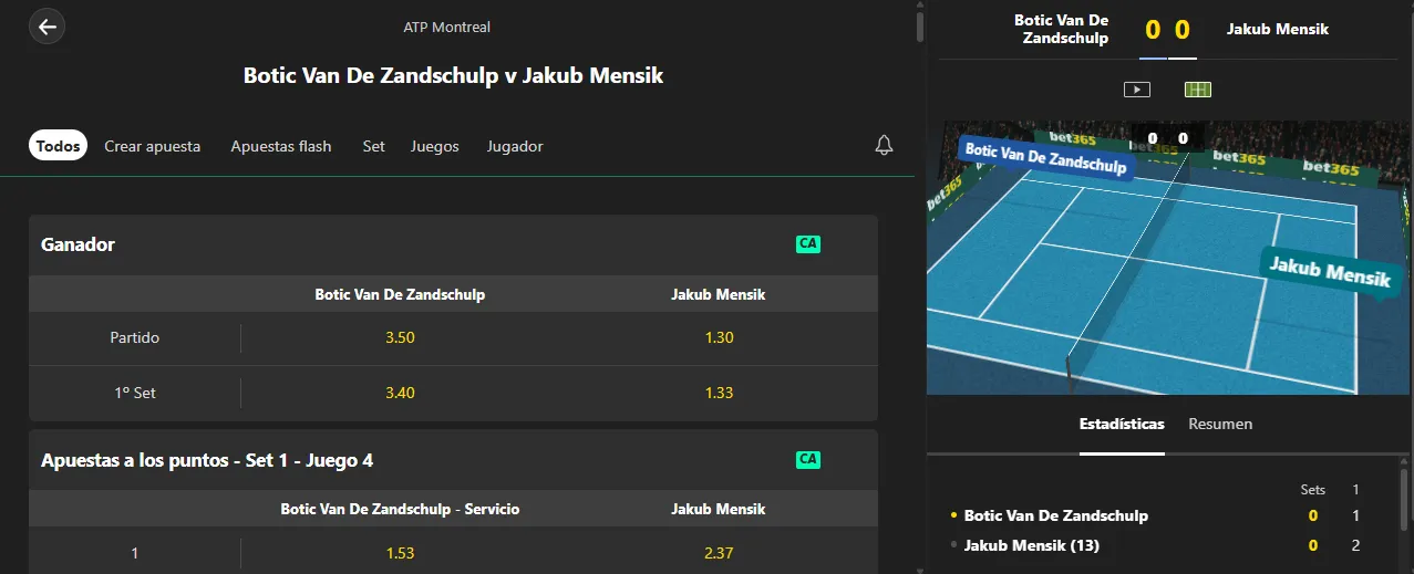 Apuestas de tenis en vivo en bet365