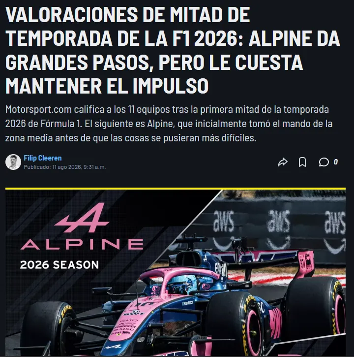 Portada de la nota sobre Alpine y Colapinto en Motorsport (Captura)