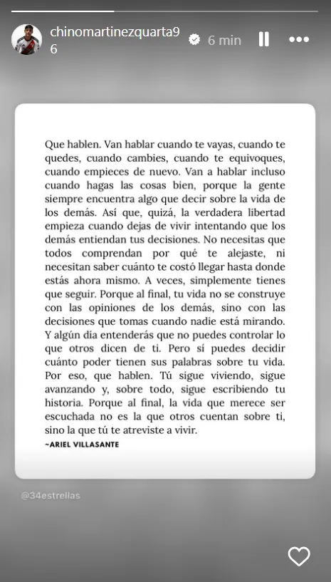 El posteo de Lucas Martínez Quarta en Instagram.