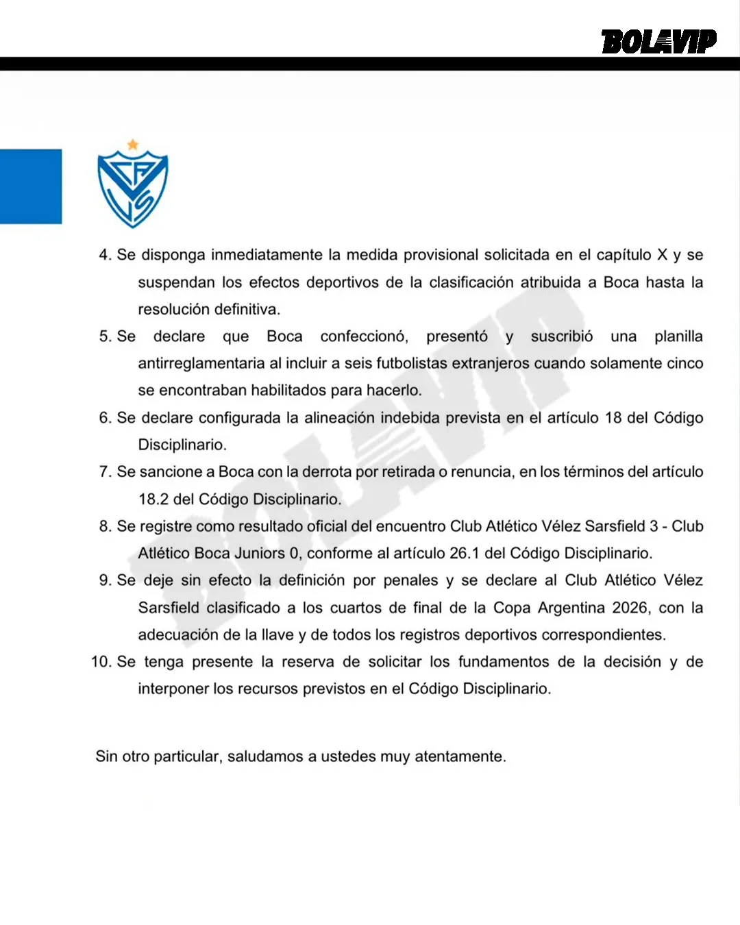 Detalles del pedido de Vélez a AFA