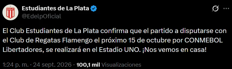Foto: captura de pantalla de la cuenta oficial de X de Estudiantes de La Plata