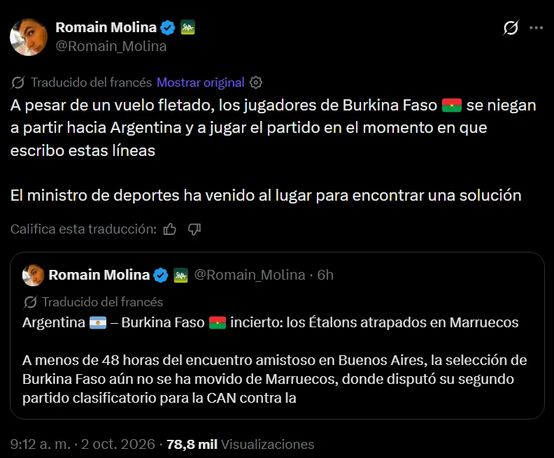 Captura de la información de Romain Molina en X