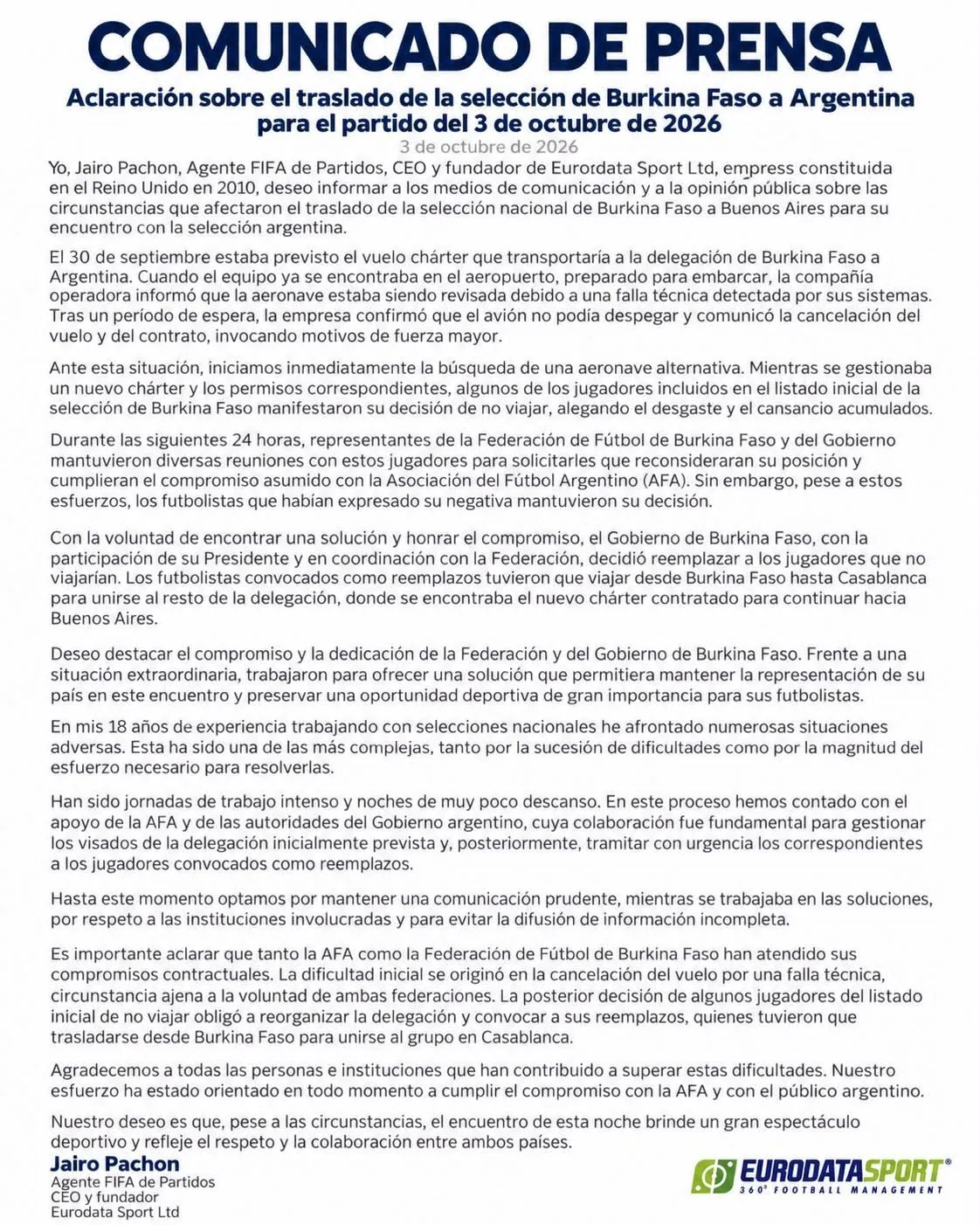 Comunicade de prensa de Jairo Pachon, CEO de Eurodata Sport