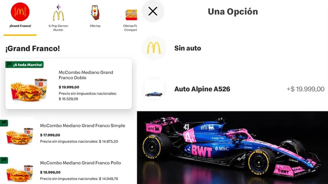Precio de los combos ‘Grand Franco’ de McDonald’s (Foto: captura de la aplicación)