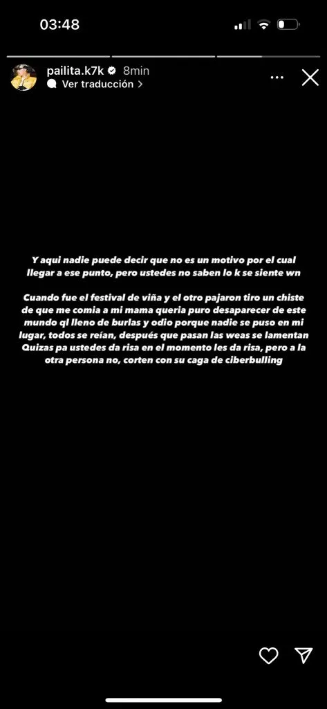 Pailita reconoce molestia por chiste del “pajarón” Copano en Viña (Foto: Instagram)