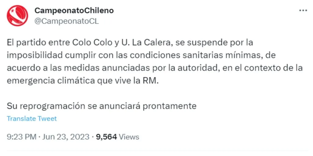 Se ratifica la suspensión del partido entre Colo Colo y Unión La Calera