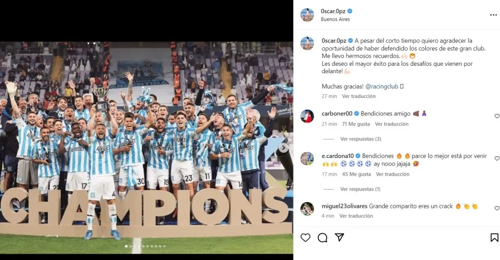 Óscar Opazo se despide de Racing Club