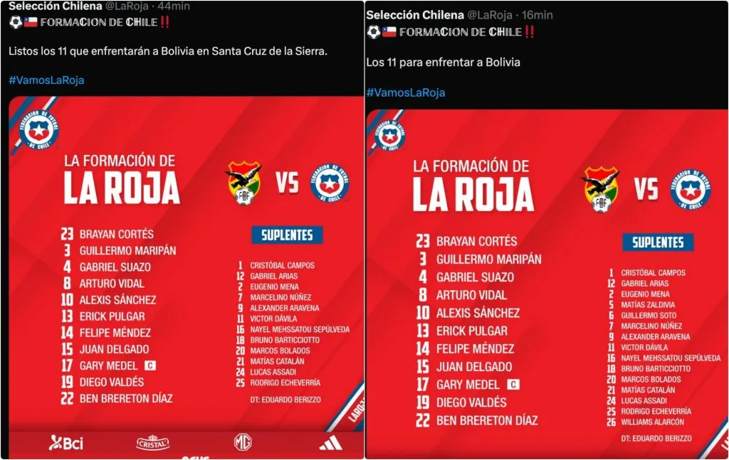 Las dos formaciones de Chile una con Zaldivia y la otra sin el jugador de la U