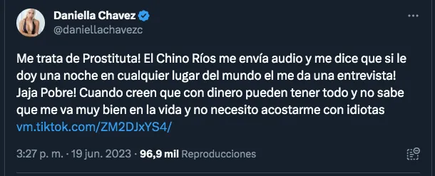 El tuit furioso de Daniella Chávez.