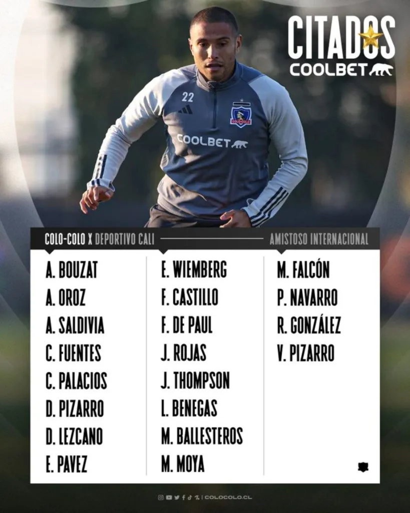 Los citados de Gustavo Quinteros para el encuentro ante Deportivo Cali (Foto: Colo Colo)