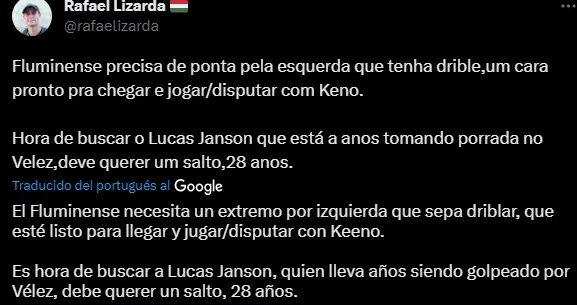 Janson es seguido por Fluminense (Captura Twitter)