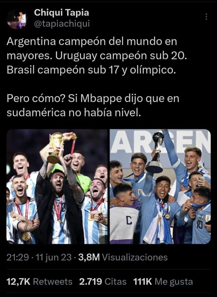 El tweet picante del Chiqui Tapia en contra de Kylian Mbappé