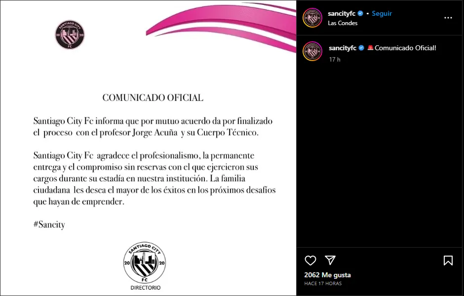 Este fue el comunicado de Santiago City. (Instagram)