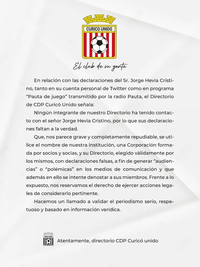 El comunicado de Curicó Unido