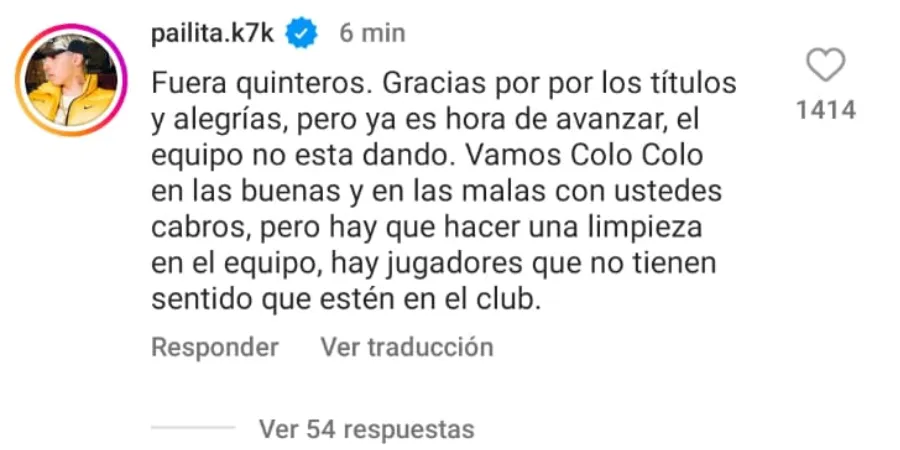 El post de Pailita en el Instagram de Colo Colo tras la caída en la Sudamericana (Photosport)