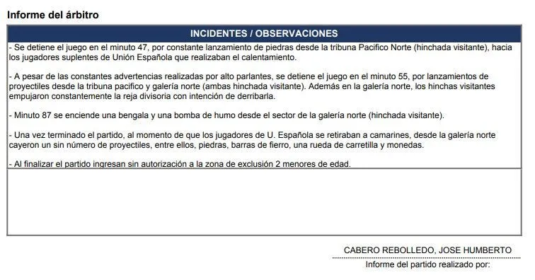 El informe del árbitro José Cabero (Campeonato Chileno)