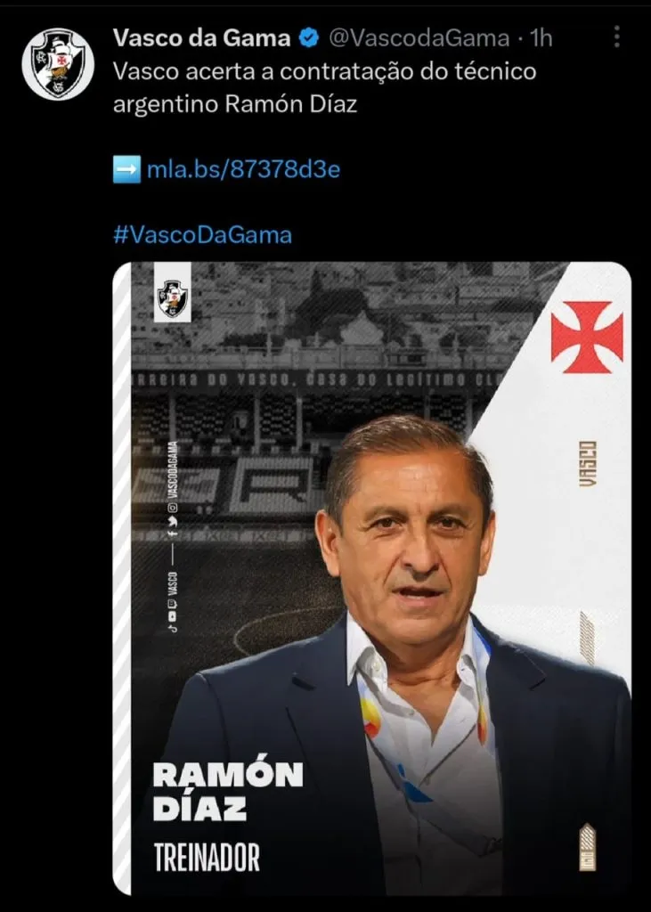 Así se informó la llegada de Díaz al cuadro carioca (Twitter @VascoDaGama )