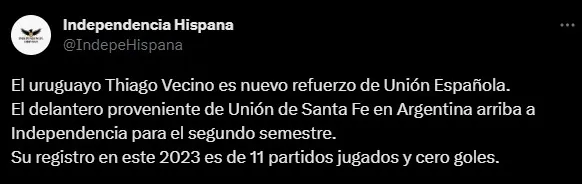 La publicación sobre el nuevo refuerzo hispano (Captura Twitter)