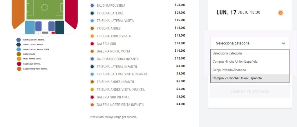 El detalle de los tickets con su respectivo valor (Captura Puntoticket)