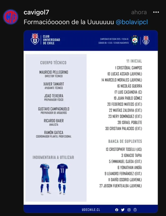 La oncena confirmada de los azules para el duelo ante Huachipato (Captura Threads)