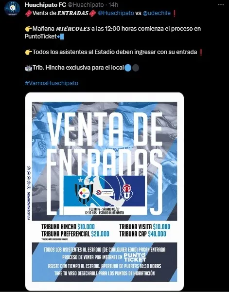 El tuit de Huachipato con la información sobre las entradas (Twitter @Huachipato )