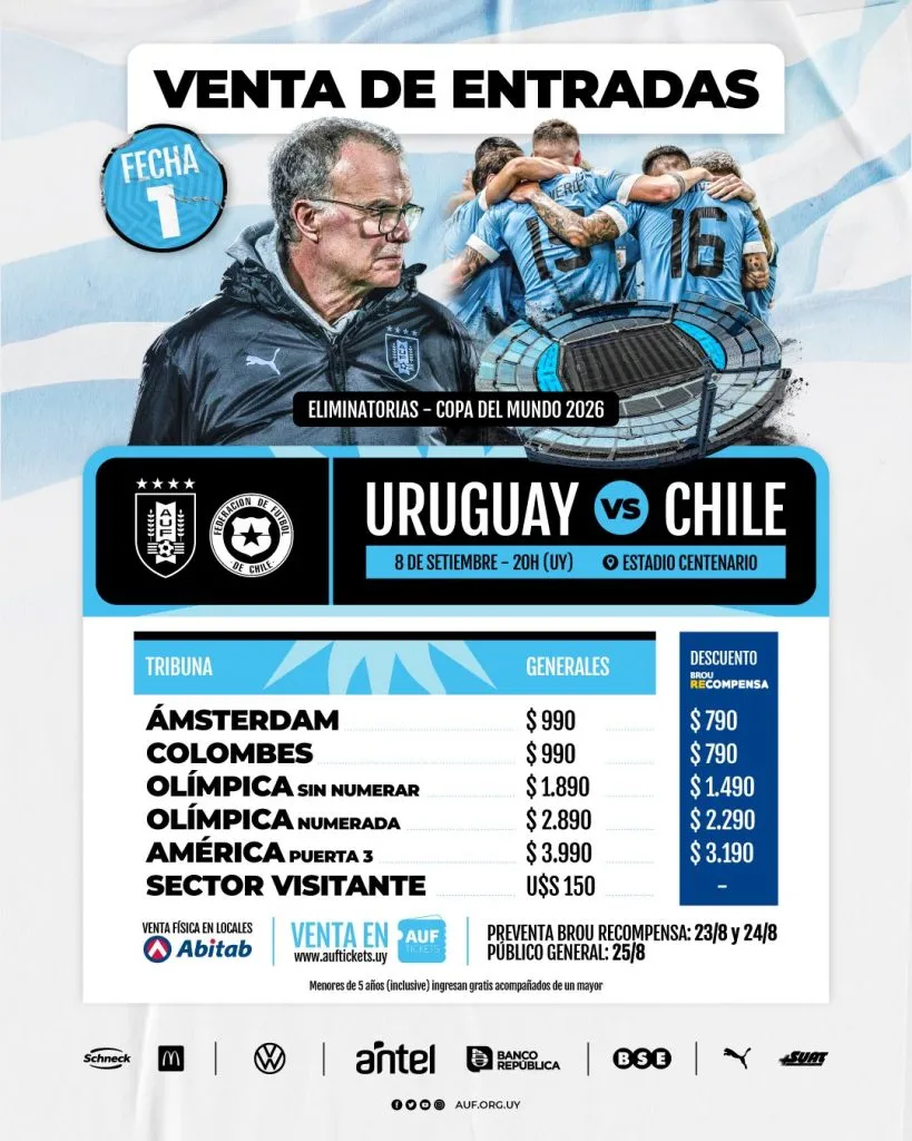 Uruguay fija los precios de las entradas para el partido con Chile por las Eliminatorias (Foto: Uruguay, Twitter)