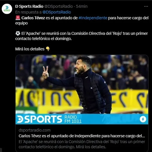 La información apunta a Tevez como opción para ser el nuevo entrenador de Independiente (Captura Twitter)