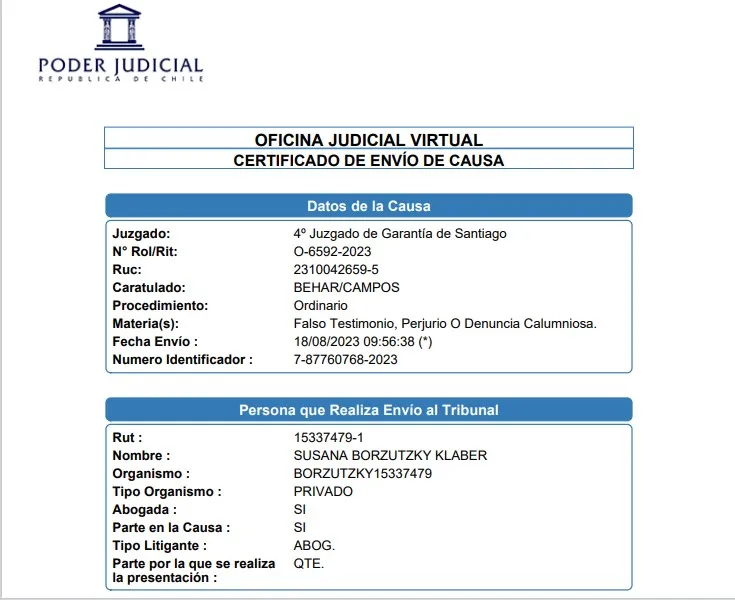 La demanda de Felicevich y Béhar contra Campos Toro (Captura Poder Judicial vía El Desconcierto)