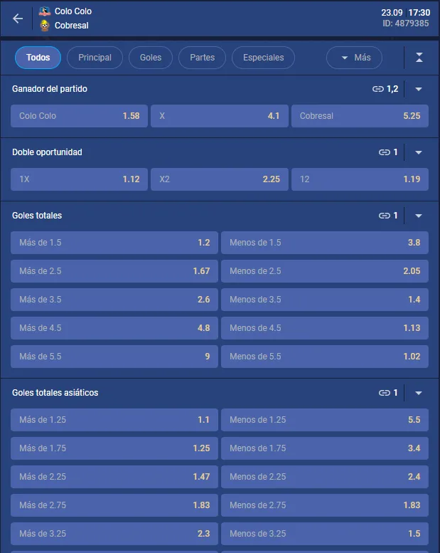 Algunas de las cuotas para el partido entre Colo Colo y Cobresal por el Campeonato Nacional 2023. Foto: Boomerang.