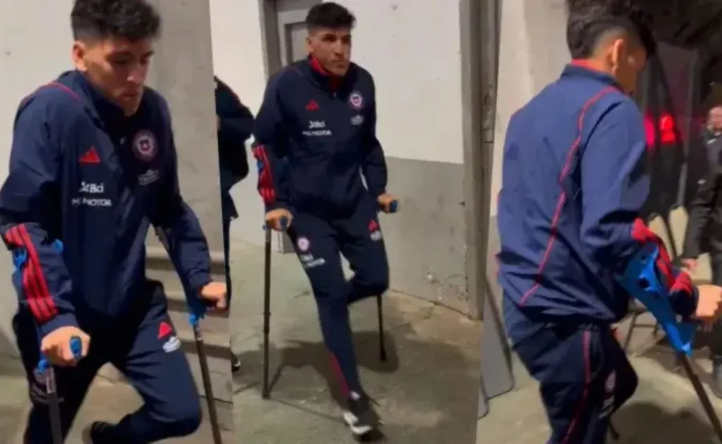 Marcelino Núñez abandona con muletas el estadio Centenario de Montevideo (Foto: Cristián Fajardo, Redgol)