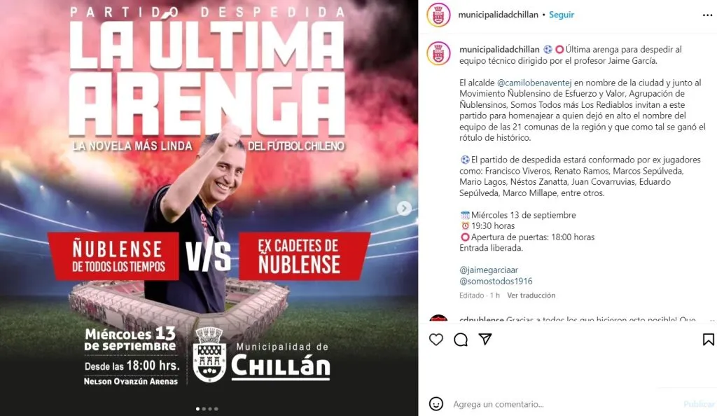 Municipalidad de Chillán anuncia partido de despedida para Jaime García