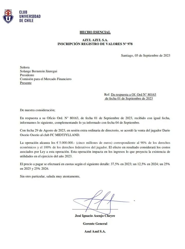 El informe de Azul Azul a la CMF por la venta de Darío Osorio (Captura)