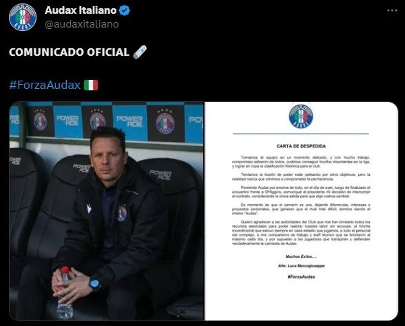 El comunicado de Audax Italiano sobre la renuncia de Luca Marcogiusseppe (Twitter)