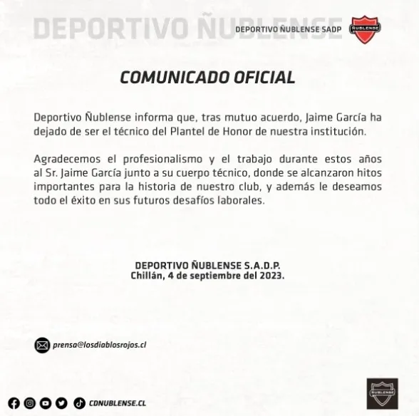 El comunicado de Ñublense en el adiós de Jaime García (Twitter)