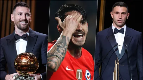 Mauricio Pinilla -al centro- ningunea el Balón de Oro obtenido por Lio Messi y el reconocimiento de Dibu Martínez