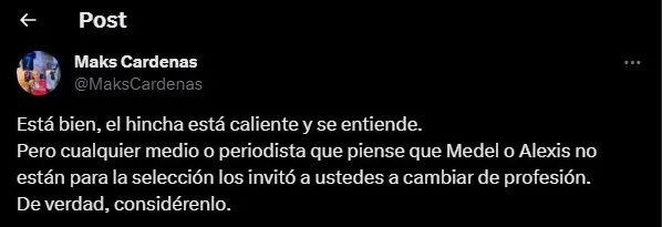 La publicación en X de Maks Cárdenas (Red X)