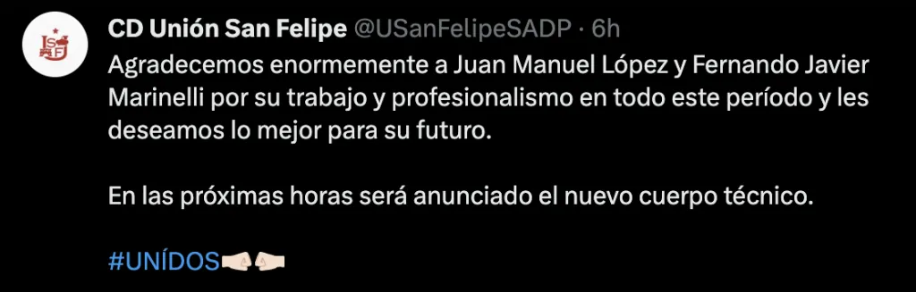 El mensaje de San Felipe para despedir al cuerpo técnico (X)